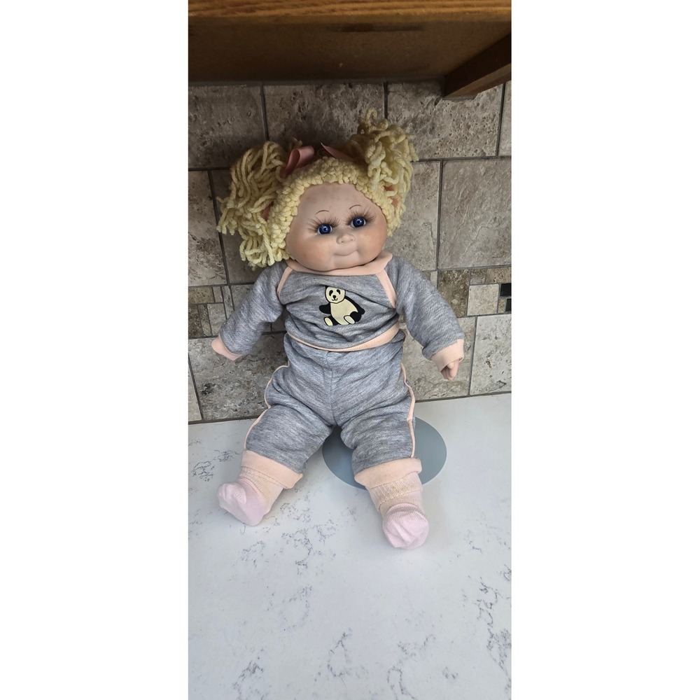 Vintage Soft Body Baby Doll Blue Eyes Long Lashes Blonde Yarn Hair Panda Outfit